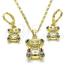 Juego de Arete y Dije de Adulto 10.196.0053 Oro Laminado, Diseño de Osito, con Multicolor Micro Pave, Pulido, Tono Dorado