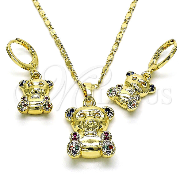 Juego de Arete y Dije de Adulto 10.196.0053 Oro Laminado, Diseño de Osito, con Multicolor Micro Pave, Pulido, Tono Dorado