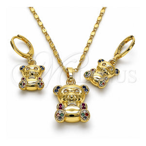Juego de Arete y Dije de Adulto 10.196.0053 Oro Laminado, Diseño de Osito, con Multicolor Micro Pave, Pulido, Tono Dorado