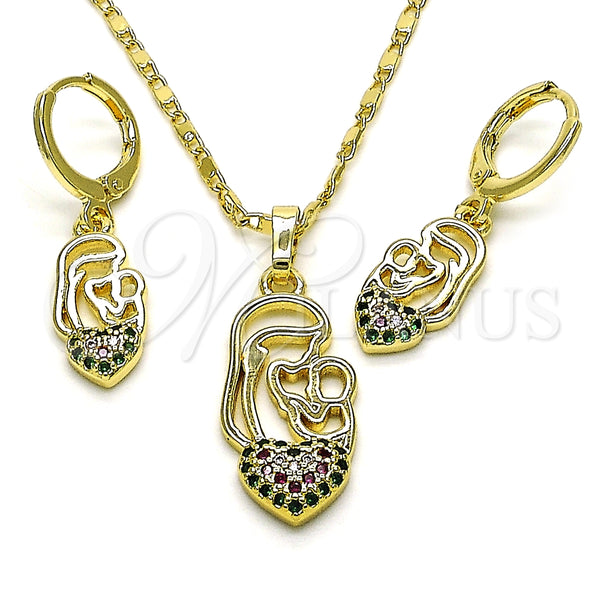 Juego de Arete y Dije de Adulto 10.196.0055 Oro Laminado, Diseño de Corazón, con Multicolor Micro Pave, Pulido, Tono Dorado