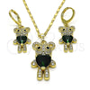 Juego de Arete y Dije de Adulto 10.196.0056 Oro Laminado, Diseño de Osito y Corazón, con Verde and Negro Zirconia Cubica, Pulido, Tono Dorado