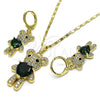 Juego de Arete y Dije de Adulto 10.196.0056 Oro Laminado, Diseño de Osito y Corazón, con Verde and Negro Zirconia Cubica, Pulido, Tono Dorado
