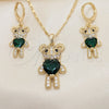 Juego de Arete y Dije de Adulto 10.196.0056 Oro Laminado, Diseño de Osito y Corazón, con Verde and Negro Zirconia Cubica, Pulido, Tono Dorado