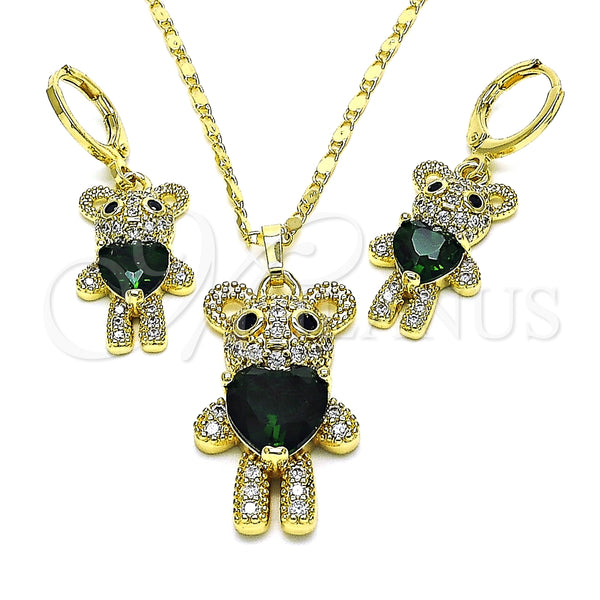 Juego de Arete y Dije de Adulto 10.196.0056 Oro Laminado, Diseño de Osito y Corazón, con Verde and Negro Zirconia Cubica, Pulido, Tono Dorado