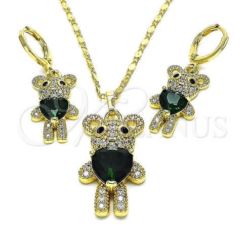 Juego de Arete y Dije de Adulto 10.196.0056 Oro Laminado, Diseño de Osito y Corazón, con Verde and Negro Zirconia Cubica, Pulido, Tono Dorado
