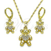 Juego de Arete y Dije de Adulto 10.196.0058 Oro Laminado, Diseño de Osito y Corazón, con Blanca Micro Pave, Pulido, Tono Dorado
