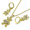 Juego de Arete y Dije de Adulto 10.196.0058 Oro Laminado, Diseño de Osito y Corazón, con Blanca Micro Pave, Pulido, Tono Dorado