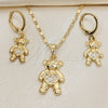 Juego de Arete y Dije de Adulto 10.196.0058 Oro Laminado, Diseño de Osito y Corazón, con Blanca Micro Pave, Pulido, Tono Dorado