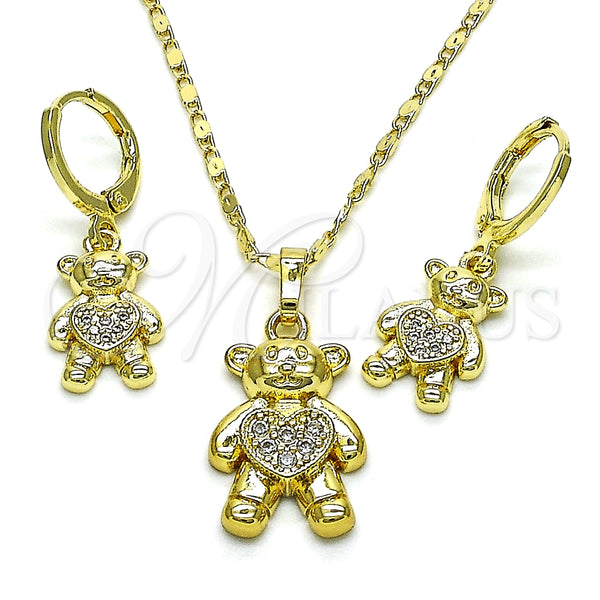 Juego de Arete y Dije de Adulto 10.196.0058 Oro Laminado, Diseño de Osito y Corazón, con Blanca Micro Pave, Pulido, Tono Dorado