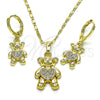 Juego de Arete y Dije de Adulto 10.196.0058 Oro Laminado, Diseño de Osito y Corazón, con Blanca Micro Pave, Pulido, Tono Dorado