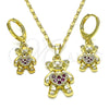 Juego de Arete y Dije de Adulto 10.196.0058.1 Oro Laminado, Diseño de Osito y Corazón, con Rubi Micro Pave, Pulido, Tono Dorado