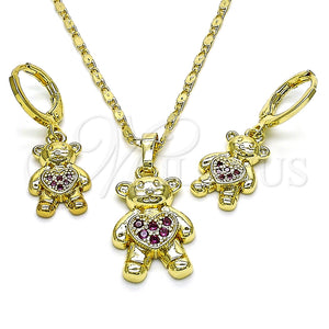 Juego de Arete y Dije de Adulto 10.196.0058.1 Oro Laminado, Diseño de Osito y Corazón, con Rubi Micro Pave, Pulido, Tono Dorado
