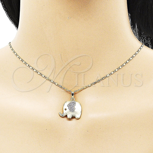 Juego de Arete y Dije de Adulto 10.196.0064 Oro Laminado, Diseño de Elefante y Corazón, con Amatista and Negro Micro Pave, Pulido, Tono Dorado