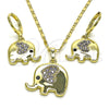 Juego de Arete y Dije de Adulto 10.196.0064 Oro Laminado, Diseño de Elefante y Corazón, con Amatista and Negro Micro Pave, Pulido, Tono Dorado
