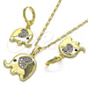 Juego de Arete y Dije de Adulto 10.196.0064 Oro Laminado, Diseño de Elefante y Corazón, con Amatista and Negro Micro Pave, Pulido, Tono Dorado