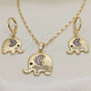 Juego de Arete y Dije de Adulto 10.196.0064 Oro Laminado, Diseño de Elefante y Corazón, con Amatista and Negro Micro Pave, Pulido, Tono Dorado