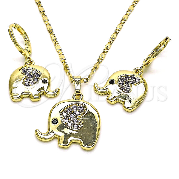 Juego de Arete y Dije de Adulto 10.196.0064 Oro Laminado, Diseño de Elefante y Corazón, con Amatista and Negro Micro Pave, Pulido, Tono Dorado