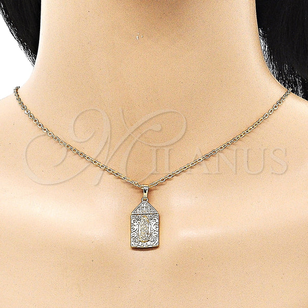 Juego de Arete y Dije de Adulto 10.196.0071 Oro Laminado, Diseño de Guadalupe y Cruz, con Blanca Micro Pave, Pulido, Tono Dorado