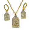 Juego de Arete y Dije de Adulto 10.196.0071 Oro Laminado, Diseño de Guadalupe y Cruz, con Blanca Micro Pave, Pulido, Tono Dorado