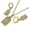 Juego de Arete y Dije de Adulto 10.196.0071 Oro Laminado, Diseño de Guadalupe y Cruz, con Blanca Micro Pave, Pulido, Tono Dorado