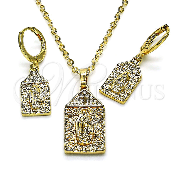Juego de Arete y Dije de Adulto 10.196.0071 Oro Laminado, Diseño de Guadalupe y Cruz, con Blanca Micro Pave, Pulido, Tono Dorado