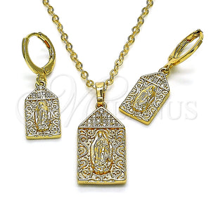 Juego de Arete y Dije de Adulto 10.196.0071 Oro Laminado, Diseño de Guadalupe y Cruz, con Blanca Micro Pave, Pulido, Tono Dorado