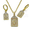 Juego de Arete y Dije de Adulto 10.196.0071 Oro Laminado, Diseño de Guadalupe y Cruz, con Blanca Micro Pave, Pulido, Tono Dorado