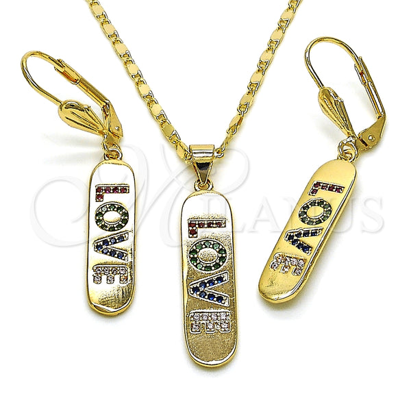 Juego de Arete y Dije de Adulto 10.196.0072 Oro Laminado, Diseño de Con Nombre y Amor, con Multicolor Micro Pave, Pulido, Tono Dorado