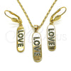Juego de Arete y Dije de Adulto 10.196.0072.1 Oro Laminado, Diseño de Con Nombre y Amor, con Verde Micro Pave, Pulido, Tono Dorado