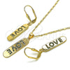 Juego de Arete y Dije de Adulto 10.196.0072.1 Oro Laminado, Diseño de Con Nombre y Amor, con Verde Micro Pave, Pulido, Tono Dorado