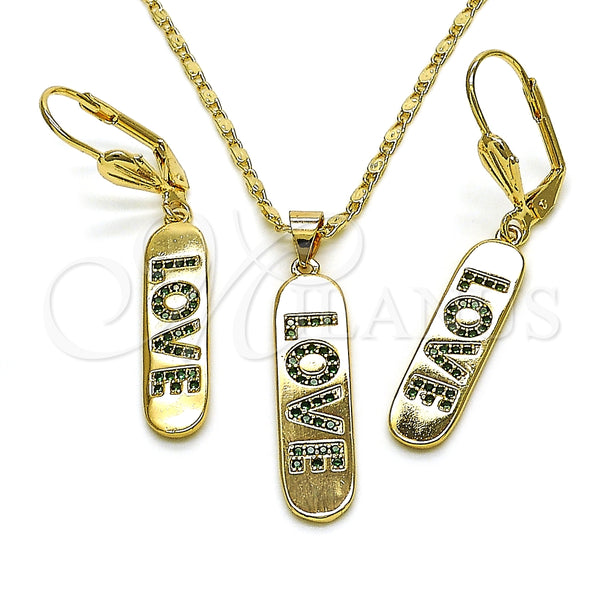 Juego de Arete y Dije de Adulto 10.196.0072.1 Oro Laminado, Diseño de Con Nombre y Amor, con Verde Micro Pave, Pulido, Tono Dorado