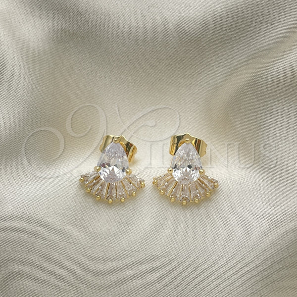 Arete Dormilona 02.283.0062 Oro Laminado, Diseño de Gota y Baguette, con Blanca Zirconia Cubica, Pulido, Tono Dorado