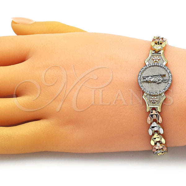 Pulsera Elegante 03.253.0081.08 Oro Laminado, Diseño de San Judas y Flor, con Blanca Micro Pave, Diamantado, Tres Tonos (08 MM Thickness, 8 Inches Length)
