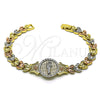 Pulsera Elegante 03.253.0081.08 Oro Laminado, Diseño de San Judas y Flor, con Blanca Micro Pave, Diamantado, Tres Tonos (08 MM Thickness, 8 Inches Length)