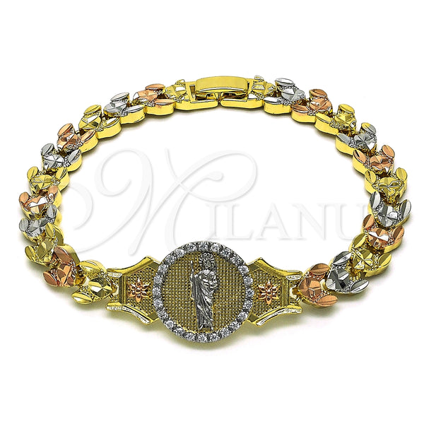 Pulsera Elegante 03.253.0081.08 Oro Laminado, Diseño de San Judas y Flor, con Blanca Micro Pave, Diamantado, Tres Tonos (08 MM Thickness, 8 Inches Length)