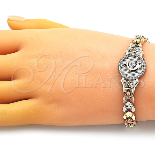 Pulsera Elegante 03.253.0083.08 Oro Laminado, Diseño de Delfín y Flor, con Blanca Micro Pave and Blanca Zirconia Cubica, Diamantado, Tres Tonos (08 MM Thickness, 8 Inches Length)