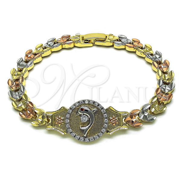 Pulsera Elegante 03.253.0083.08 Oro Laminado, Diseño de Delfín y Flor, con Blanca Micro Pave and Blanca Zirconia Cubica, Diamantado, Tres Tonos (08 MM Thickness, 8 Inches Length)