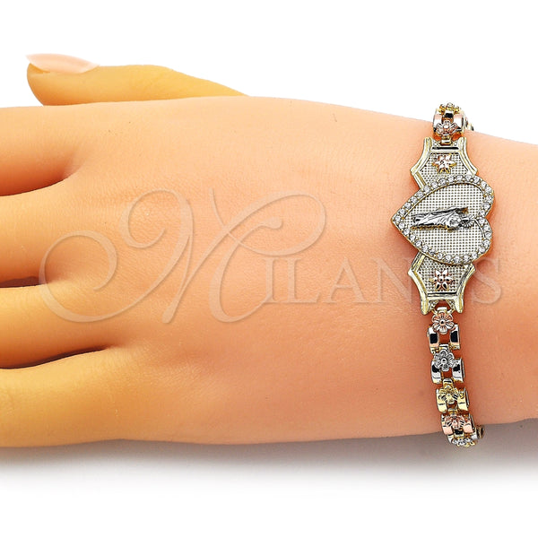 Pulsera Elegante 03.253.0084.07 Oro Laminado, Diseño de San Judas y Corazón, con Blanca Micro Pave, Pulido, Tres Tonos (06 MM Thickness, 7 Inches Length)