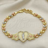Pulsera Elegante 03.253.0084.07 Oro Laminado, Diseño de San Judas y Corazón, con Micro Pave Blanca, Pulido, Tres Tonos (Grosor 06 MM, 7 Pulgadas de Largo)