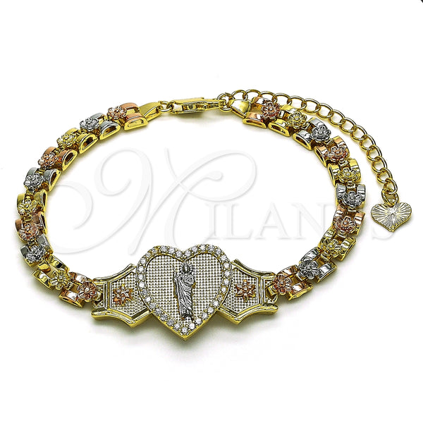Pulsera Elegante 03.253.0084.07 Oro Laminado, Diseño de San Judas y Corazón, con Blanca Micro Pave, Pulido, Tres Tonos (06 MM Thickness, 7 Inches Length)