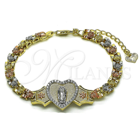 Pulsera Elegante 03.253.0085.07 Oro Laminado, Diseño de Guadalupe y Corazón, con Blanca Micro Pave, Pulido, Tres Tonos (06 MM Thickness, 7 Inches Length)