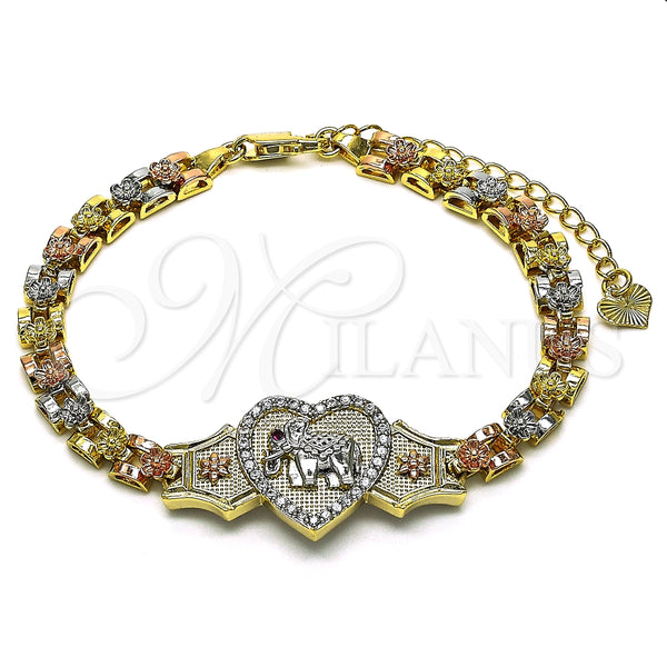 Pulsera Elegante 03.253.0086.08 Oro Laminado, Diseño de Elefante y Corazón, con Blanca and Rubi Micro Pave, Pulido, Tres Tonos (06 MM Thickness, 8 Inches Length)