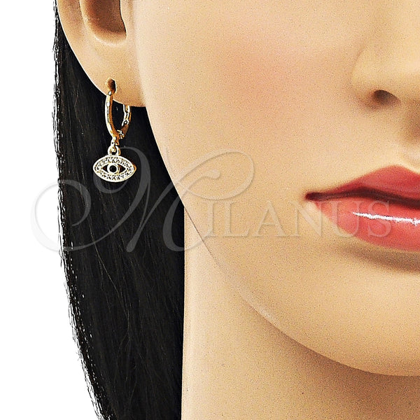 Arete Colgante 02.253.0048 Oro Laminado, Diseño de Ojo Griego, con Blanca Micro Pave and Negro Zirconia Cubica, Pulido, Tono Dorado