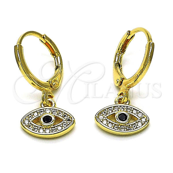 Arete Colgante 02.253.0048 Oro Laminado, Diseño de Ojo Griego, con Blanca Micro Pave and Negro Zirconia Cubica, Pulido, Tono Dorado
