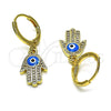 Arete Colgante 02.253.0051 Oro Laminado, Diseño de Mano de Dios y Ojo Griego, con Blanca Micro Pave, Esmaltado Turquesa, Tono Dorado