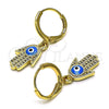 Arete Colgante 02.253.0051 Oro Laminado, Diseño de Mano de Dios y Ojo Griego, con Blanca Micro Pave, Esmaltado Turquesa, Tono Dorado