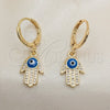 Arete Colgante 02.253.0051 Oro Laminado, Diseño de Mano de Dios y Ojo Griego, con Blanca Micro Pave, Esmaltado Turquesa, Tono Dorado