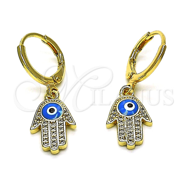 Arete Colgante 02.253.0051 Oro Laminado, Diseño de Mano de Dios y Ojo Griego, con Blanca Micro Pave, Esmaltado Turquesa, Tono Dorado