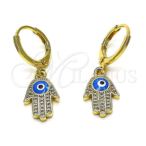 Arete Colgante 02.253.0051 Oro Laminado, Diseño de Mano de Dios y Ojo Griego, con Blanca Micro Pave, Esmaltado Turquesa, Tono Dorado