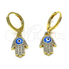 Arete Colgante 02.253.0051 Oro Laminado, Diseño de Mano de Dios y Ojo Griego, con Blanca Micro Pave, Esmaltado Turquesa, Tono Dorado